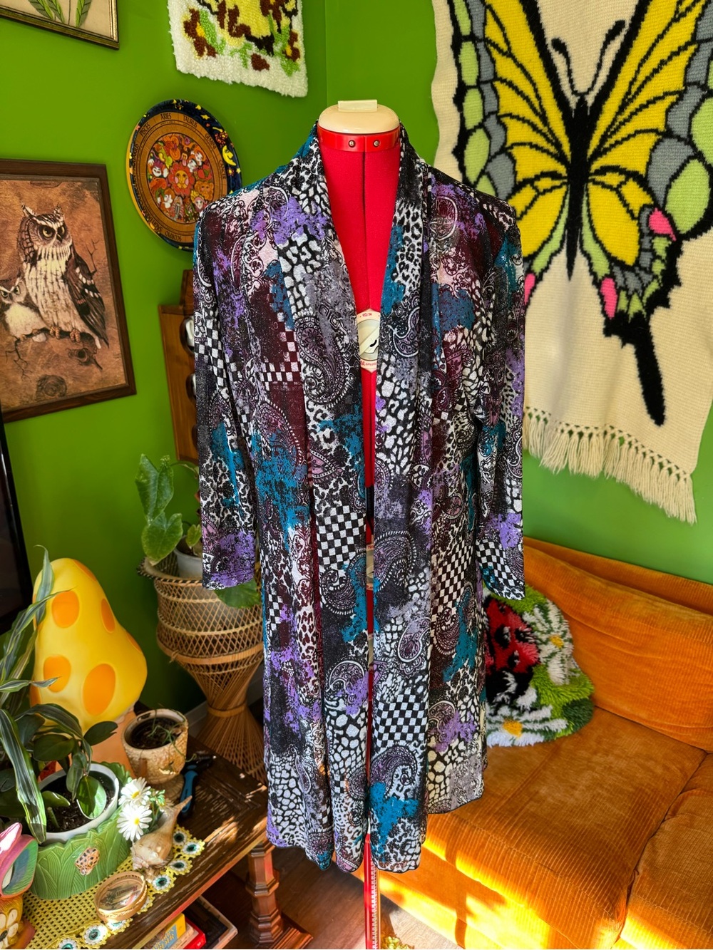 Mesh Multicolor Patterned Women's Open Front Duster Cardigan